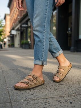 Birkenstock Triple-Strap Suede Sandals in Taupe